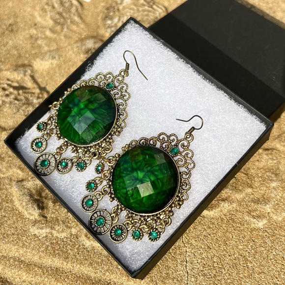 Elaborate Green and Gold Dangle Earrings - Picture 9 of 9